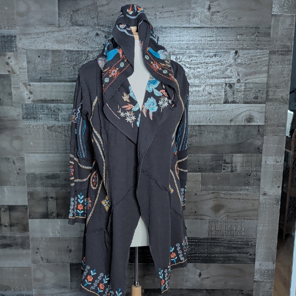 CAITE Embroidered Hooded Cardigan SUPER SOFT WITH PEACOCK HOOD fits Sz S/M Size